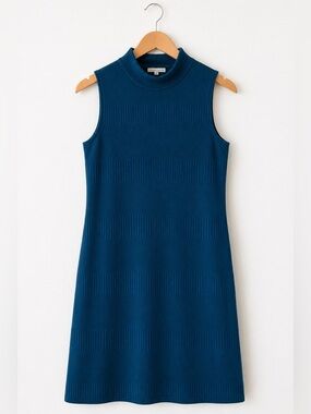 Chelsea Taylor Teal Blue Mock Neck Ribbed Knit Sleeveless Dress Size 6
